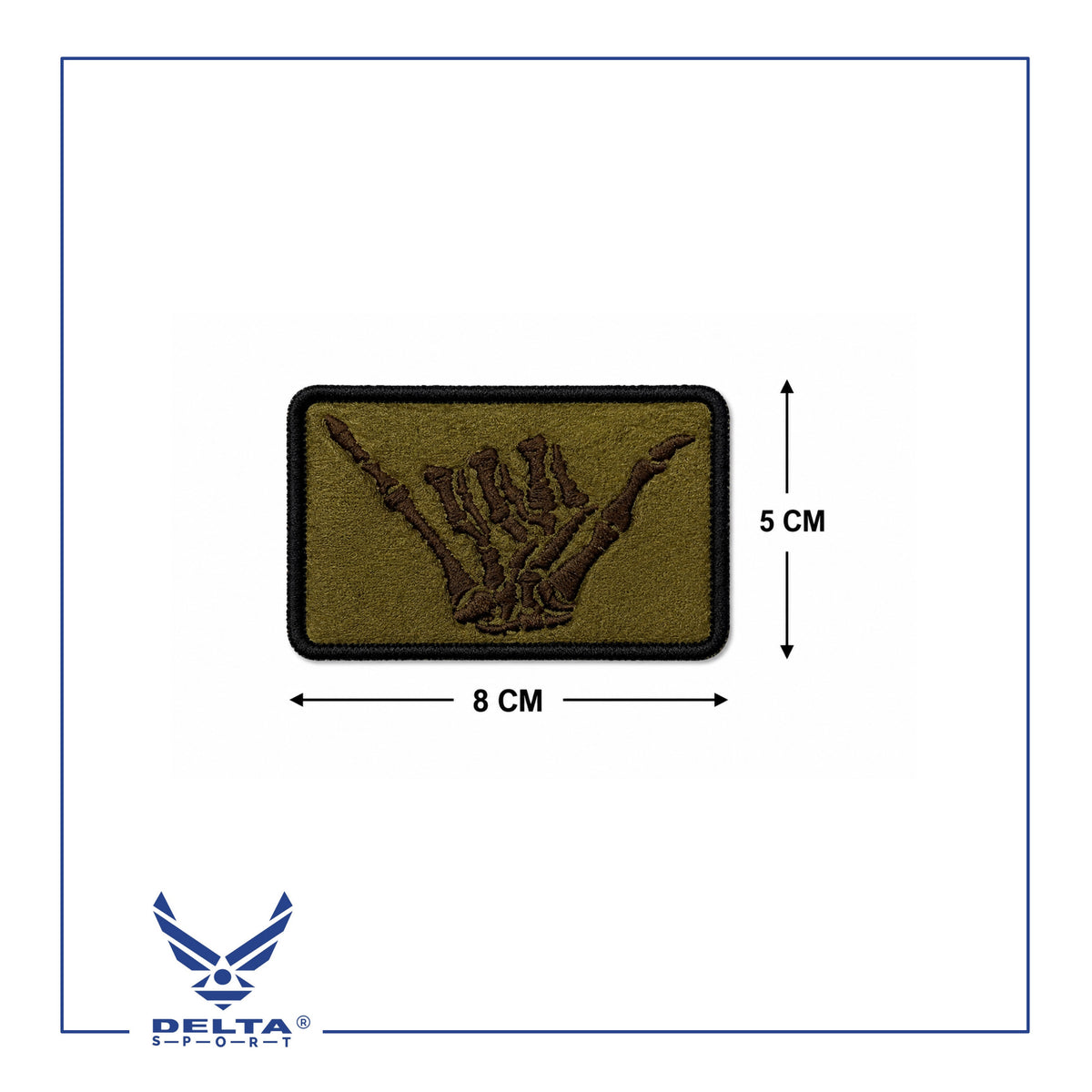 🔹Skeleton Shaka Hand Olive Velcro Patch — 8 × 5 CM.