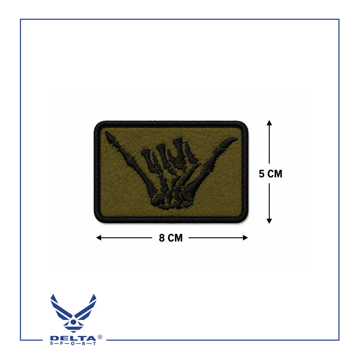 🔹Skeleton Shaka Hand Olive Velcro Patch — 8 × 5 CM.